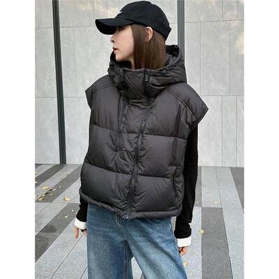 白鸭绒马甲女2025冬季新款设计感双拉链连帽保暖洋气坎肩马夹外套