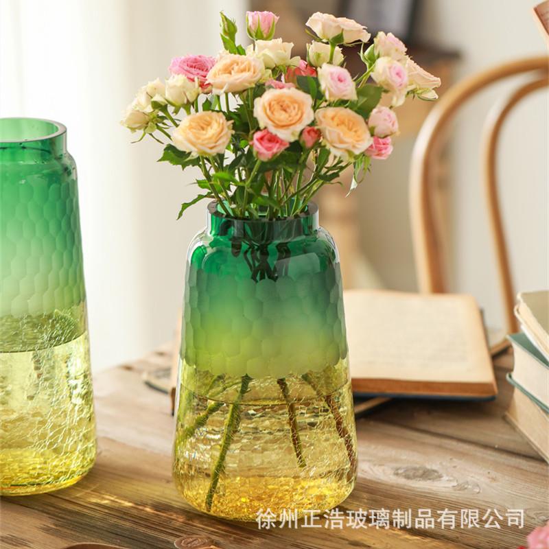轻奢个性冰裂玻璃水培花瓶渐变绿色鲜花绿植玻璃花瓶客厅装饰摆件