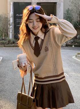 韩版学院风JK制服三件套女秋针织马甲毛衣背心衬衫百褶裙套装学生