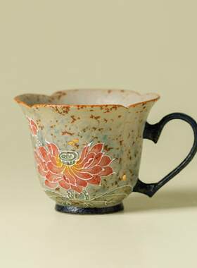 纯手绘莲开并蒂花瓣爱心把杯新中式陶瓷茶杯品茗杯主人杯茶具
