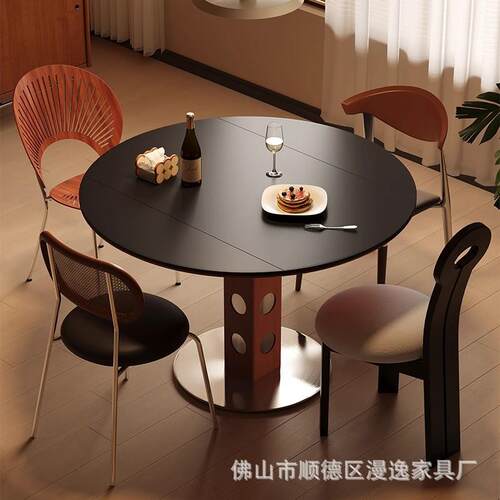 中古风可伸缩折叠两用圆形餐桌椅组合简约小户型功能实木岩板饭桌