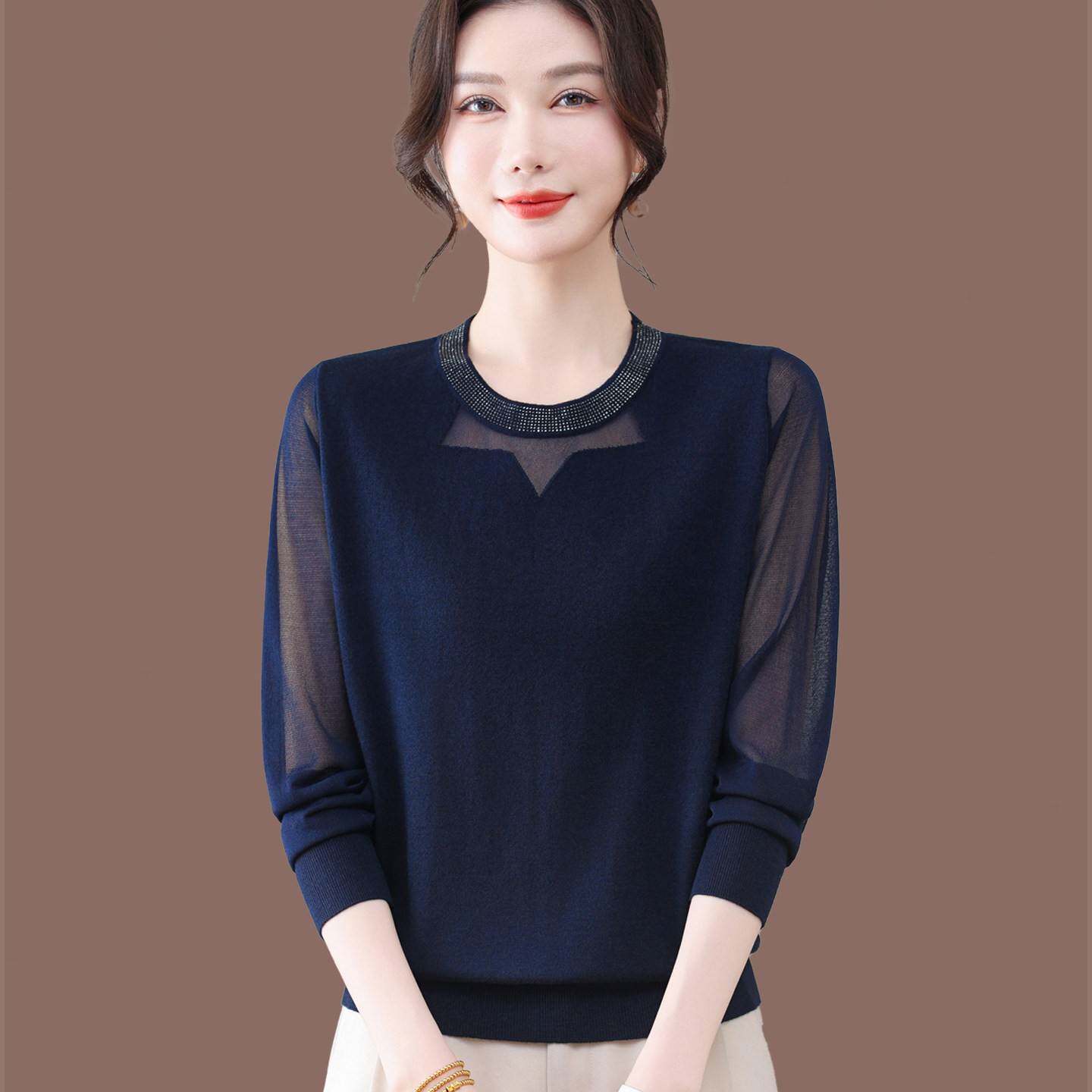 高端桑蚕丝长袖t恤女大码春秋妈妈洋气减龄纱袖上衣针织打底小衫