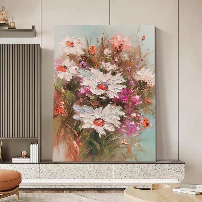 纯手绘油画大幅落地客厅挂画抽象花卉厚肌理画玄关立体丙烯装饰画图片
