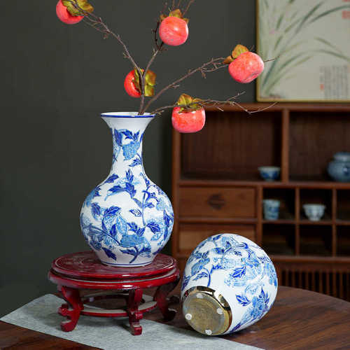 景德镇陶瓷花瓶牡丹花手绘瓶口金边青花瓷装饰插花陶瓷摆件储物罐