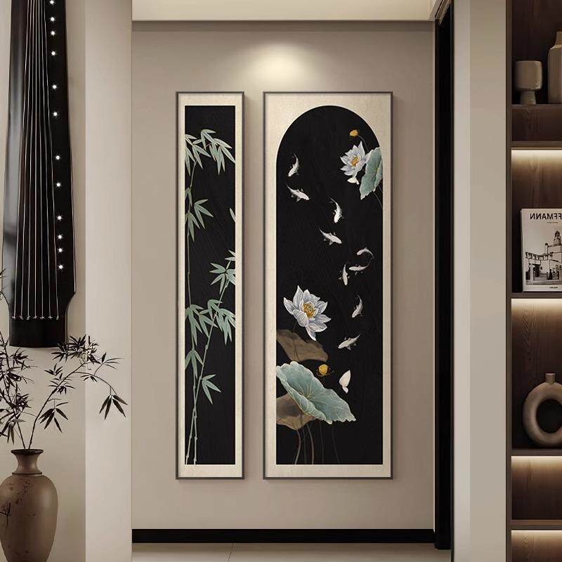 中古风美拉德玄关装饰画法式复古竖版两联挂画花鸟入户正对门壁画