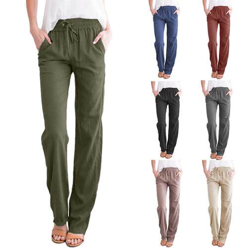 Women's cotton and linen drawstring wide leg pants
