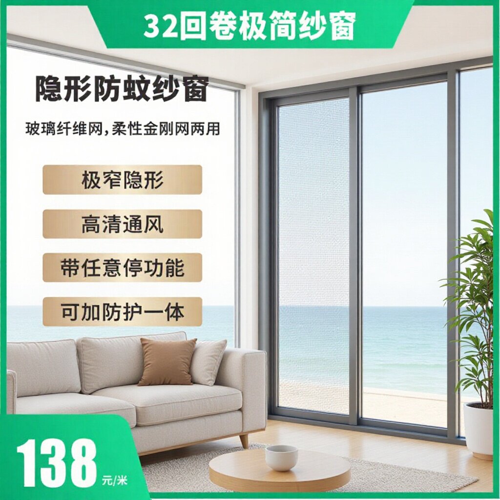 回卷隐形纱窗铝合金304不锈钢防蚊防盗一体可拆洗窗户防护