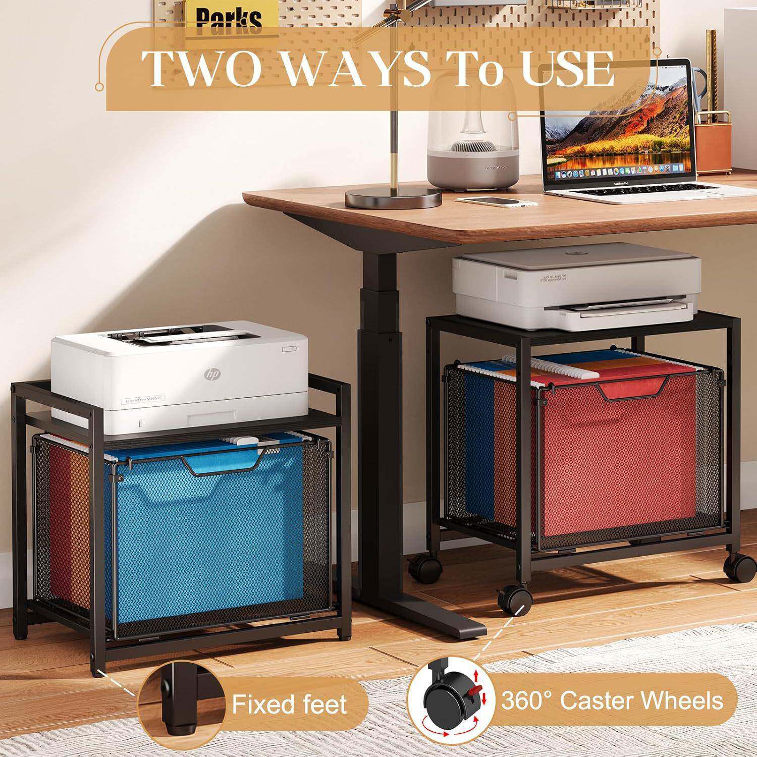 亚马逊桌下收纳柜带抽屉打印机支架可调节滚轮文件柜双层工业货架