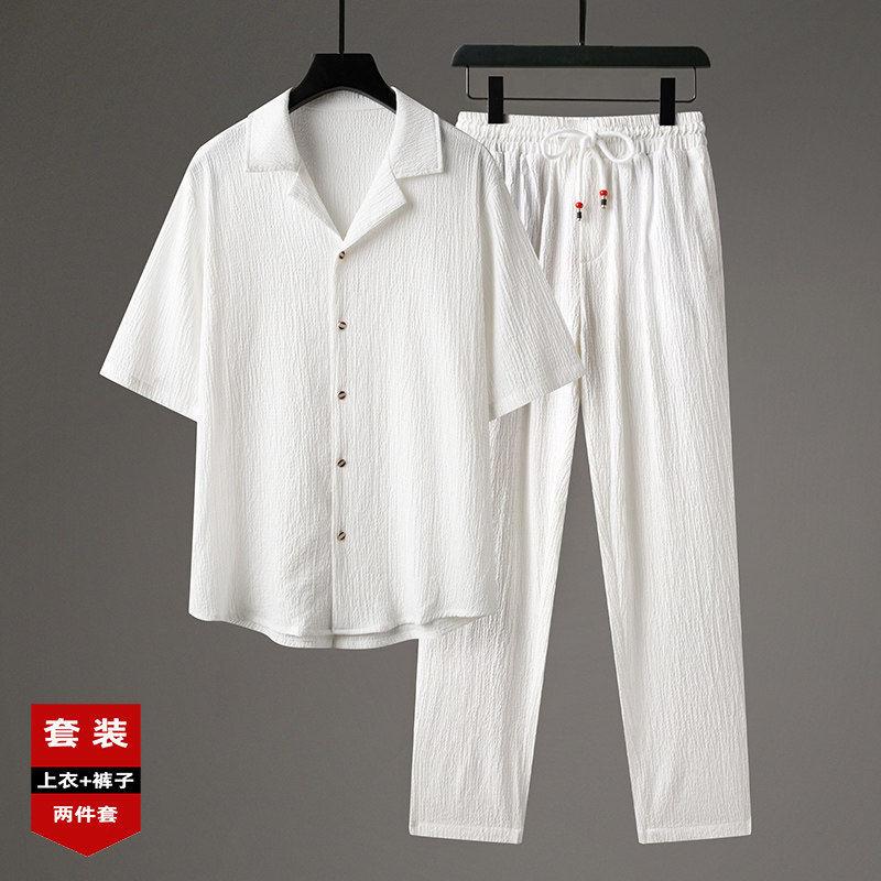 高端品牌可外穿家居服男款夏季夏天棉麻短袖长裤冰丝开衫睡衣套装