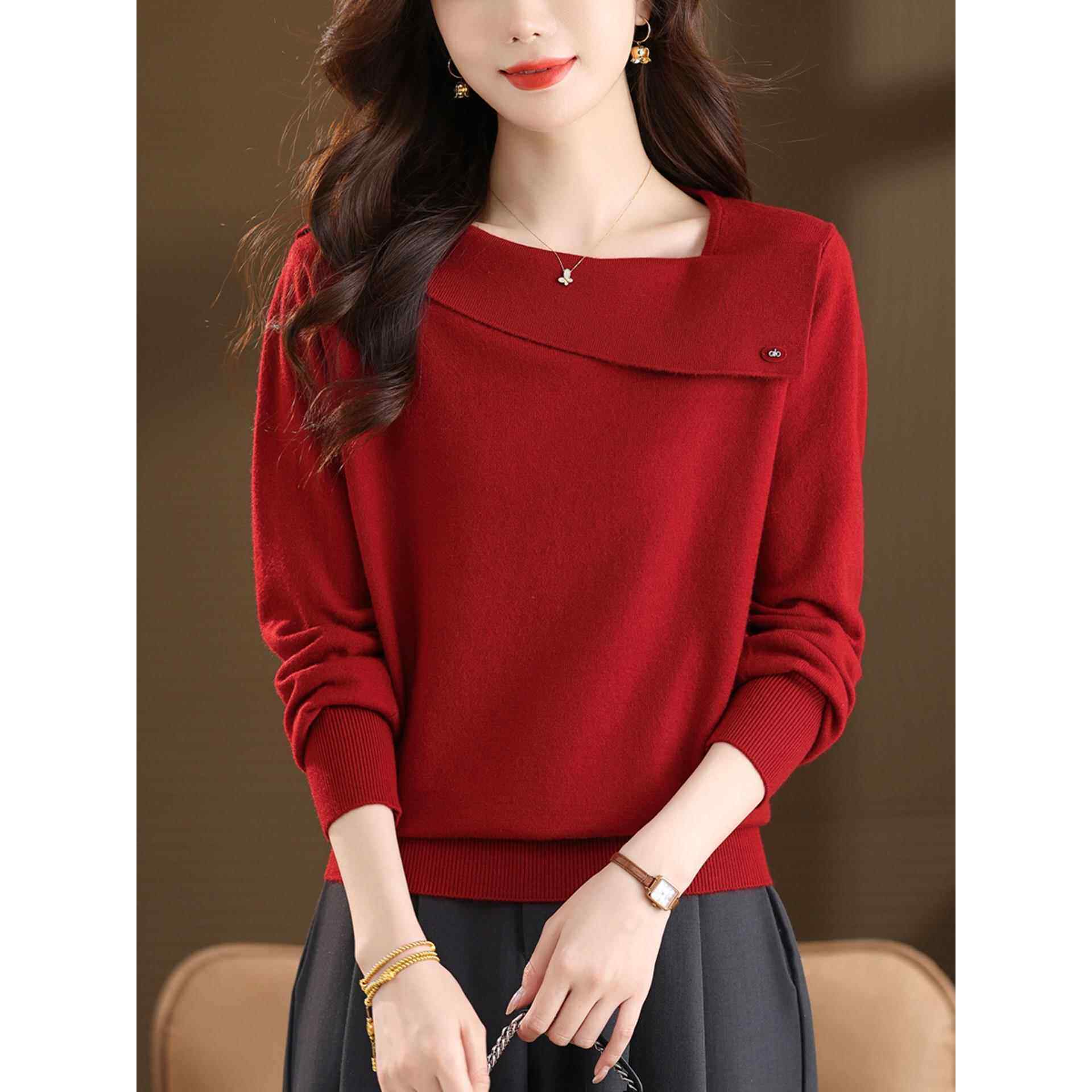 红色一字领针织衫女长袖秋冬新款宽松洋气大码时尚毛衣打底衫上衣