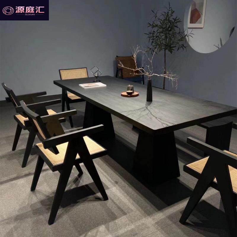黑色创意高级白蜡木实木餐桌家用新中式办公桌工作台碳化大板茶桌