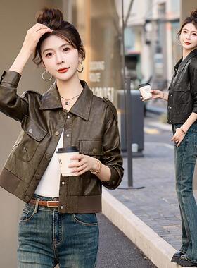 春秋新款皮衣女宽松大绵羊皮品外套牌休码LFM闲全皮翻领短款夹克