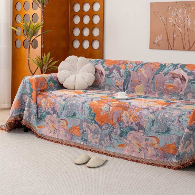 美式花卉沙发盖布雪尼尔沙发套万能套高级感四季通用沙发毯沙发巾