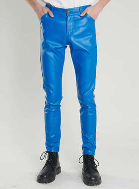 跨境中青年皮裤男士弹力修身绿色蓝色舞蹈表演酒吧棕色理发廊皮裤