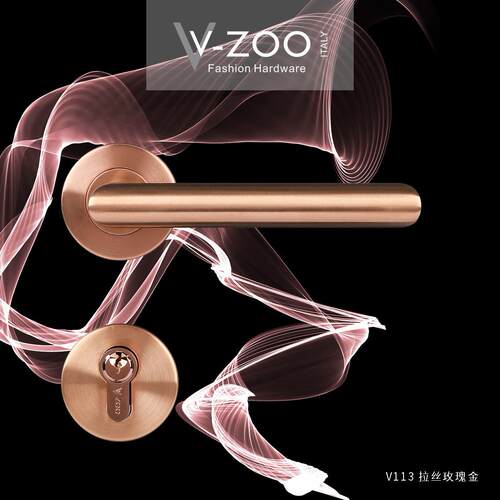 vzoo卧室房间门锁全套不锈钢拉丝玫瑰金房门把手金色室内静音门锁