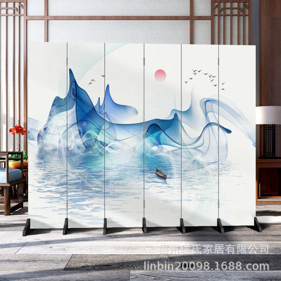 新中式山水屏风玄关隔断墙客厅卧室现代简约折屏移动双面办公装饰