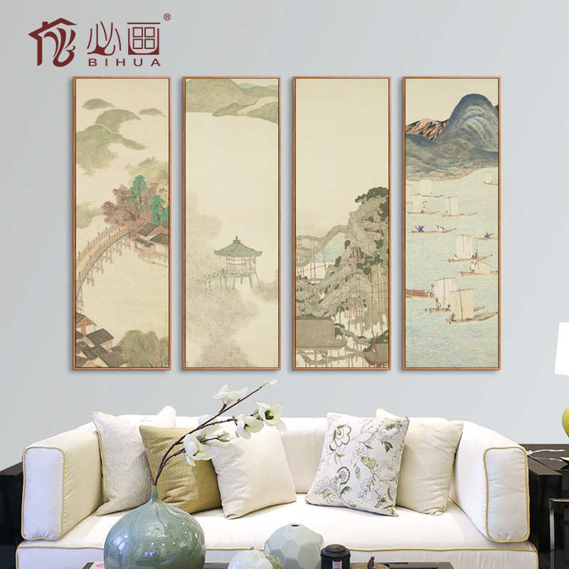 仕女图新中式装饰画 客厅山水壁画四联画中国风酒店过道玄关挂画