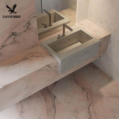 胭粉岩板大理石半嵌入式洗手洗脸盆台上台下盆小户型窄边大肚盆