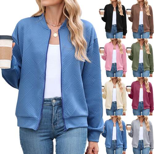 Womens Casual Zip up Jackets Comfy Sleeve Bomber Jacket Coat