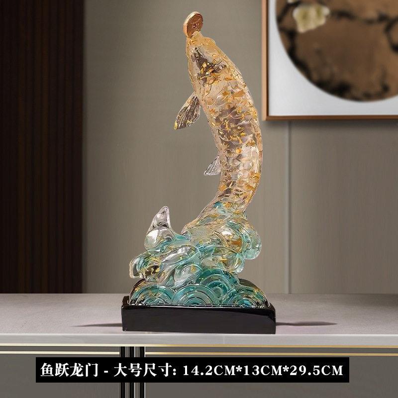 新中式鱼跃龙门水晶金箔龙鱼摆件乔迁客厅商务开业乔迁办公室礼