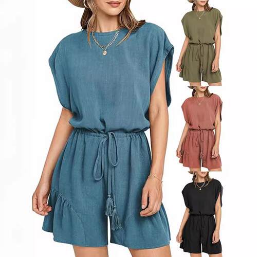 Cotton and linen jumpsuit, waist cinched short sleeved