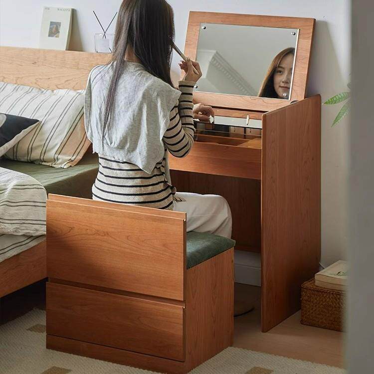 北欧实木梳妆台日式小户型卧室樱桃木斗柜翻盖一体床头柜化妆桌60