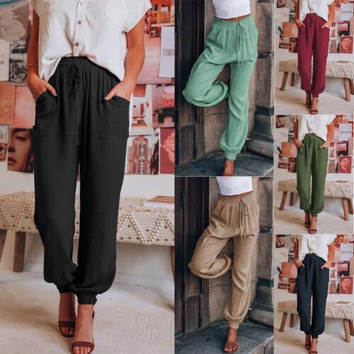 Women's cotton pants with drawstring and elastic