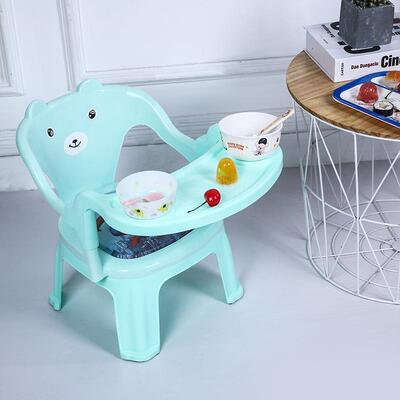 Baby high chair with backrest, small stool, and safety belt.