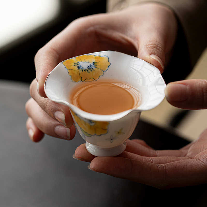 弥言纯手工白瓷花口茶杯手绘牵牛花大号主人杯家用品茗杯单杯现代