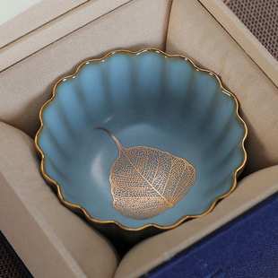 汝窑茶杯鎏金木叶盏个人专用功夫茶盏主人杯男士单杯高档开业礼品