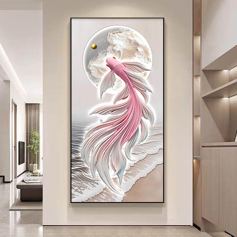 锦鲤图带灯入户玄关装饰画走廊尽头过道壁画轻奢高级感客厅墙挂画