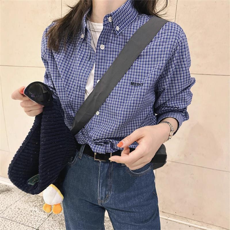 蓝色格子衬衫女2025夏季新款翻领刺绣设计感小众百搭通勤叠穿上衣