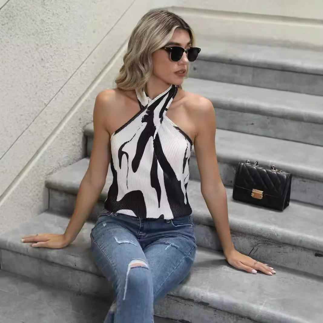 Women's Elegant Full Pleated Halter Top with Tie Back