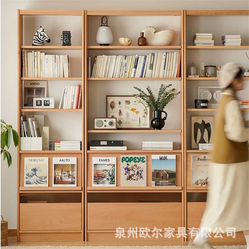 北欧实木书柜家用书房靠墙落地收纳储物柜办公室多层玻璃组合柜