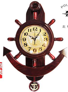 北极星舵手挂钟静音简约木质大摆钟复古时尚田园创意客厅船舵钟表