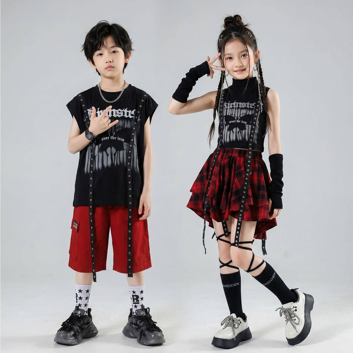 儿童街舞演出服男童嘻哈风套装HIPHOP女孩爵士舞架子鼓表演服服装图片