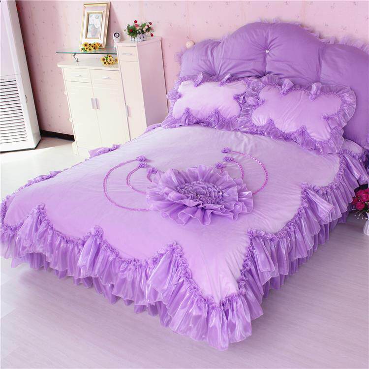 高档床冬床双裙式新款绗缝花边四件套少女心面绒单被床罩套紫色家