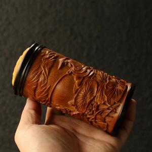 精品雕刻山水图老玉竹蝈蝈罐顶部镂空黄杨木蒙心蛐蛐叫罐虫具把玩