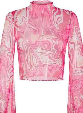 Women's flared sleeve lettuce trimmed floral collar top