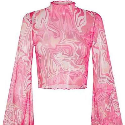 Women's flared sleeve lettuce trimmed floral collar top