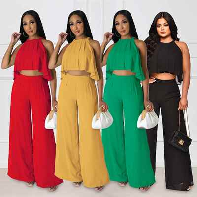 10145 跨境欧美性感百搭无袖露脐上衣雪纺高腰宽松女装长裤两件套