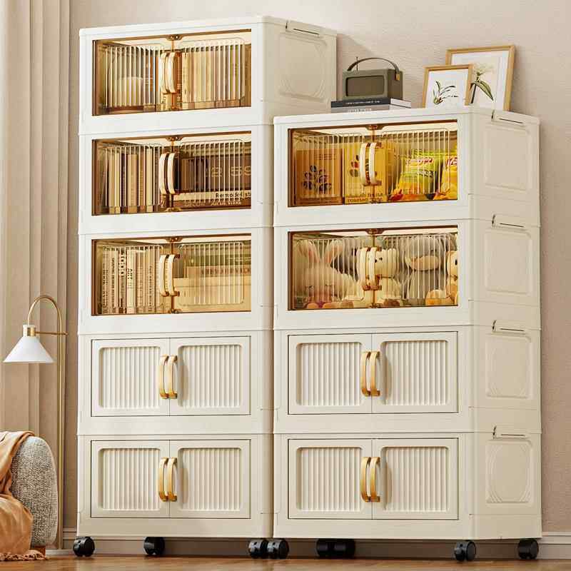 带门折叠厨房收纳柜落地零食柜家用客厅玩具架子置物架多层储物柜