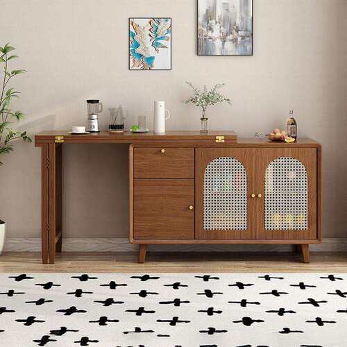 实木折叠餐桌餐边柜一体岛台吧台小户型家用靠墙储物柜可伸缩饭桌