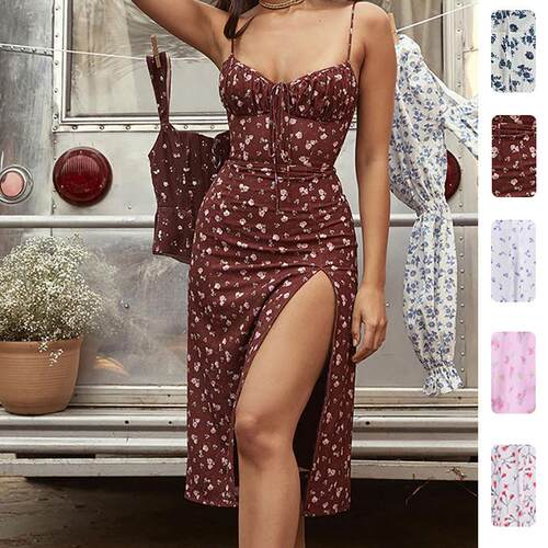 Women's printed lace up slit suspender dress