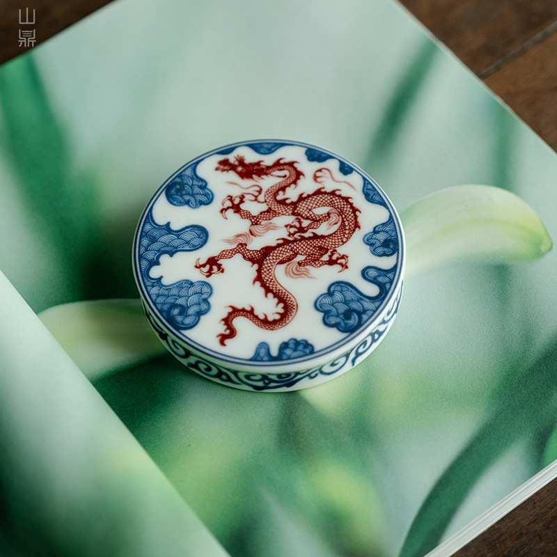 复古功夫陶托白家用盖青花龙纹置垫陶瓷杯垫瓷杯茶具杯盖汝配件托