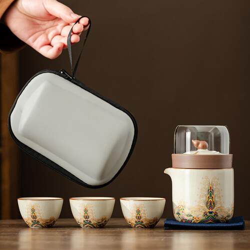 汝窑旅行茶具套装一壶三杯陶瓷便携式快客杯户外露营泡茶壶茶杯