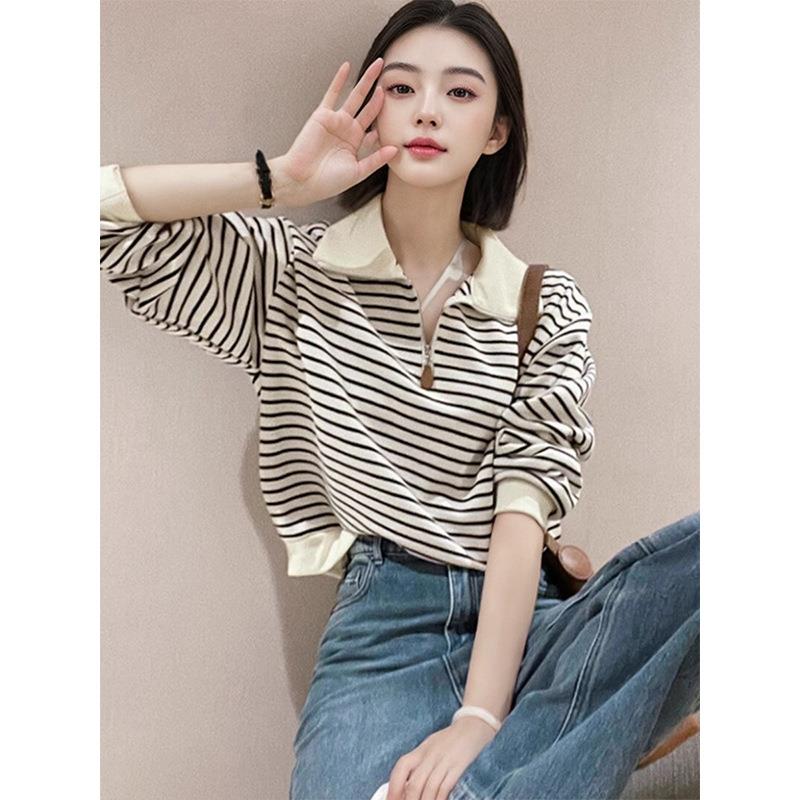匹马棉卫衣女海岛棉卫衣女款埃及棉卫衣女款韩版简约Polo领条纹撞