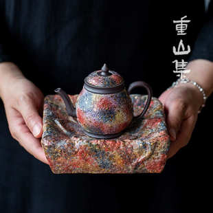 茶壶陶瓷泡茶壶功夫茶具手工七彩岩泥复古单壶粗陶家用提梁侧把壶