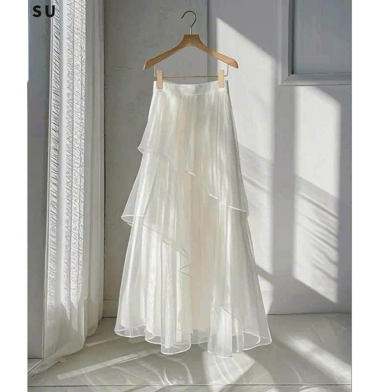 白色A字半身裙女2025年夏季大尺码胖mm高腰遮胯显瘦中长版网纱裙
