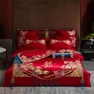 高端160s双股长绒棉结婚四件套全棉红色刺绣婚庆六件套绣花十件套